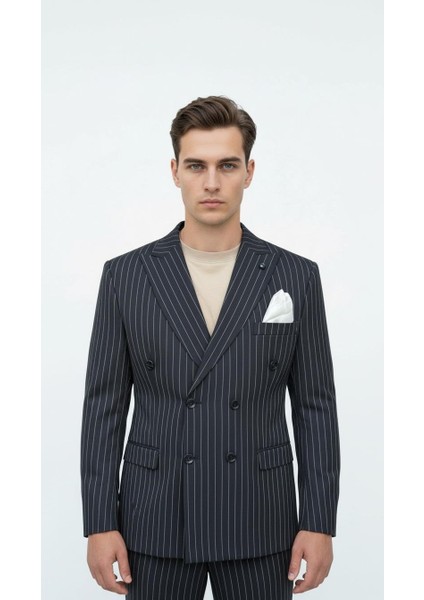 Siyah Çizgili Erkek Kruvaze Blazer Ceket – Italyan Kesim, Şık ve Modern modelleri