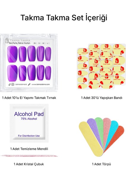 15'li Mor Orta Kare TT1296 Tekrar Kullanılabilir El Yapımı Protez Takma Tırnak - Mor-M indirimleri