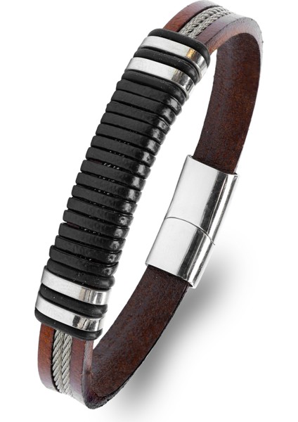 Orijinal Deri ve 316L Çelik Siyah-Kahverengi Erkek Bileklik 9594B19D1
