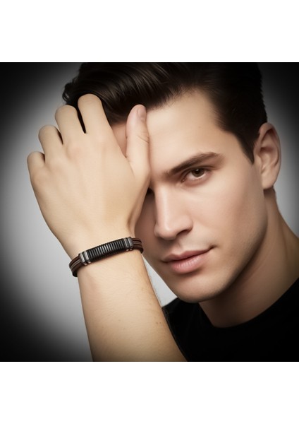 Orijinal Deri ve 316L Çelik Siyah-Kahverengi Erkek Bileklik 9594B19D1 fiyatları