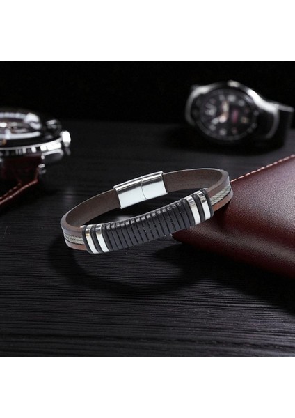Orijinal Deri ve 316L Çelik Siyah-Kahverengi Erkek Bileklik 9594B19D1 modelleri