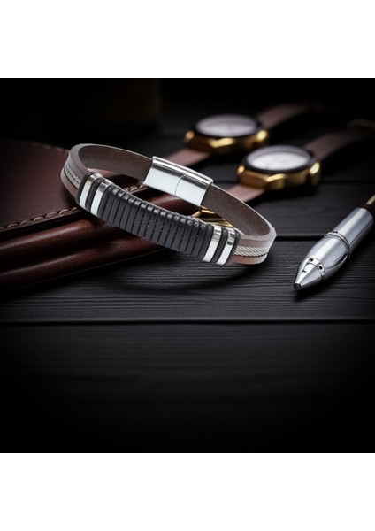 Orijinal Deri ve 316L Çelik Siyah-Kahverengi Erkek Bileklik 9594B19D1 fırsatları