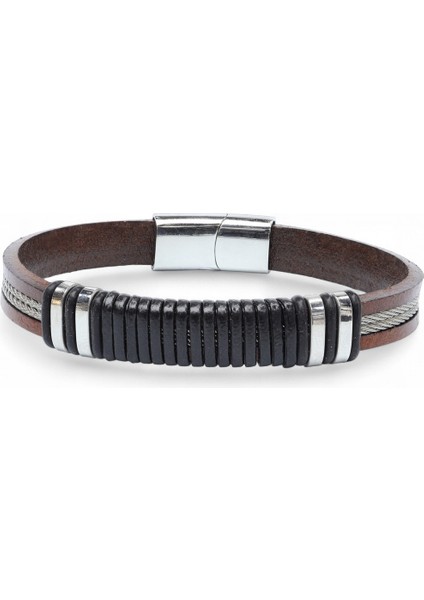 Orijinal Deri ve 316L Çelik Siyah-Kahverengi Erkek Bileklik 9594B19D1 indirimleri