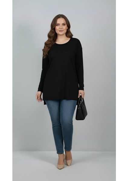 Kadın Büyük Beden Uzun Kollu Yırtmaçlı Basic Bluz 1984