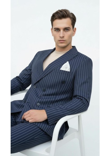 Lacivert Çizgili Erkek Kruvaze Blazer Ceket – Italyan Kesim, Modern ve Klasik Şıklık