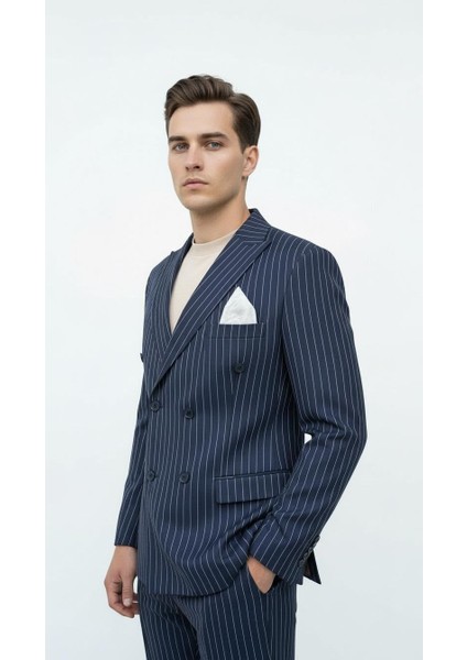Lacivert Çizgili Erkek Kruvaze Blazer Ceket – Italyan Kesim, Modern ve Klasik Şıklık modelleri