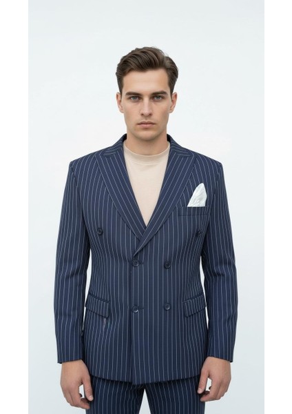 Lacivert Çizgili Erkek Kruvaze Blazer Ceket – Italyan Kesim, Modern ve Klasik Şıklık fırsatları