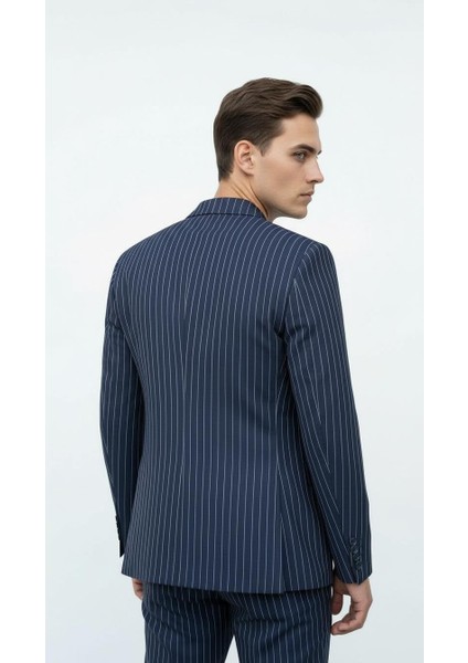 Lacivert Çizgili Erkek Kruvaze Blazer Ceket – Italyan Kesim, Modern ve Klasik Şıklık indirimleri