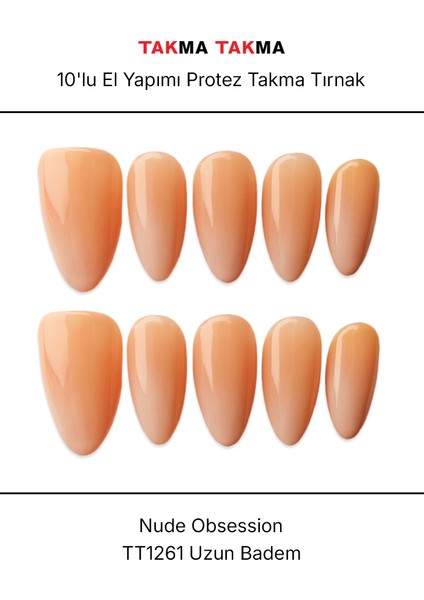 10'lu Ten Rengi Uzun Badem TT1261 Tekrar Kullanılabilir El Yapımı Protez Takma Tırnak - Ten Rengi-L