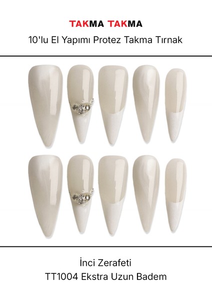 10'lu Beyaz Uzun Badem TT1004 Tekrar Kullanılabilir El Yapımı Protez Takma Tırnak - Beyaz-M