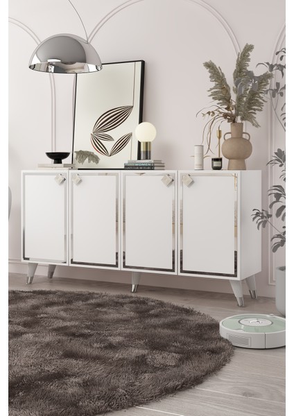 8206-1CT KB150 Konsol, Tv Ünitesi Beyaz-Gümüş