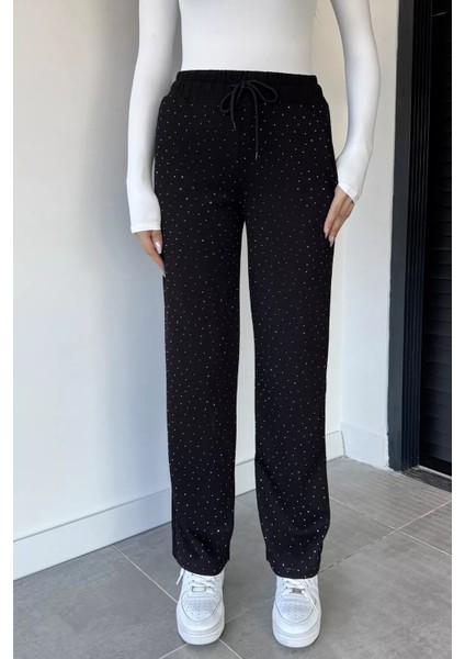 Kadın Yüksek Bel Taş Işlemeli Çift Cepli Bel Lastikli Pantolon P-00018985