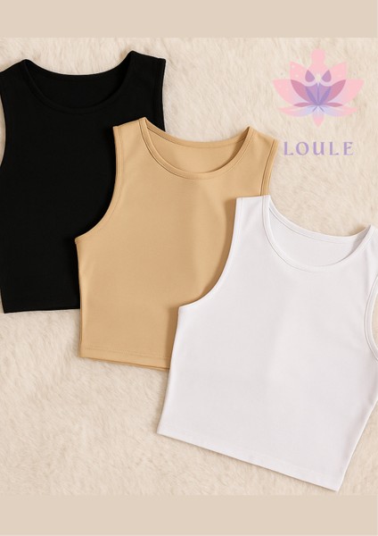 Kadın Giyim Pamuklu & Elastan Kolsuz Bisiklet Yaka 3 Adet Beyaz - Siyah - Ten Crop LL.011.ILK.109