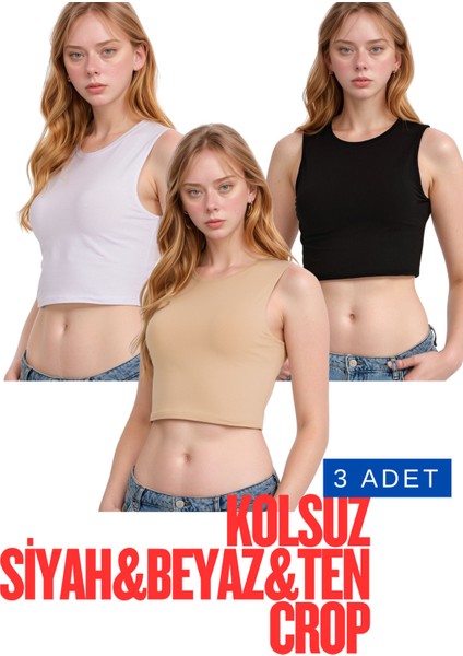 Kadın Giyim Pamuklu & Elastan Kolsuz Bisiklet Yaka 3 Adet Beyaz - Siyah - Ten Crop LL.011.ILK.109 fiyatları
