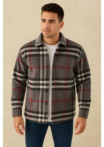Erkek Ekose Desenli Düğmeli Polar Yakalı Uzun Kollu Gömlek Oversize Rahat Kalıp - Füme