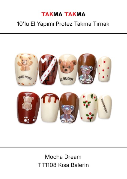 10'lu Kahverengi Kısa Balerin TT1108 Tekrar Kullanılabilir El Yapımı Protez Takma Tırnak - Kahverengi-L