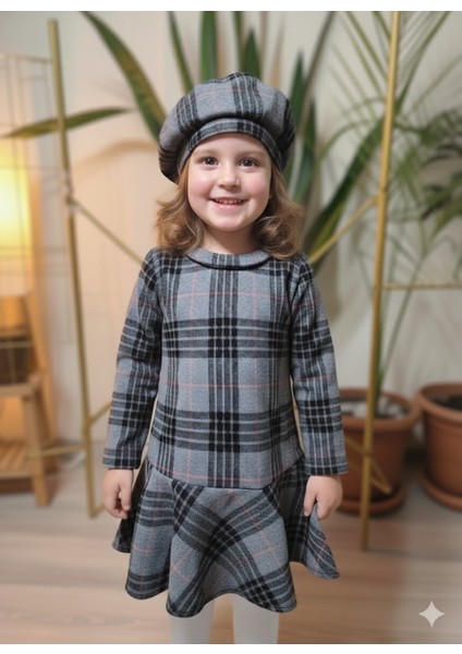 Kız Çocuk Kısa Elbise Şapka Takım Oduncu Kışlık Dar Kalıp Esnek Değil Gri