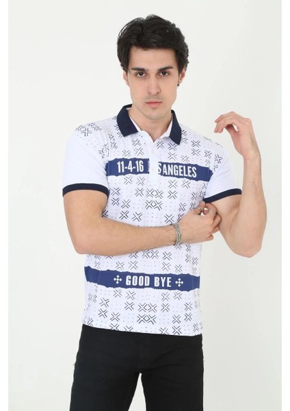 Erkek Yakalı Slim Fit Baskılı T-Shirt - Beyaz