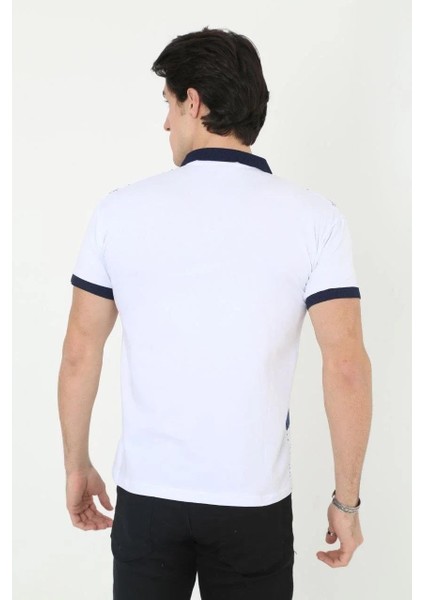 Erkek Yakalı Slim Fit Baskılı T-Shirt - Beyaz fiyatları