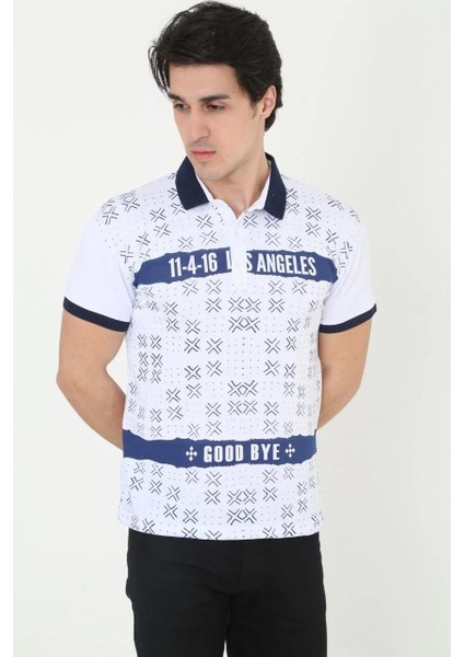 Erkek Yakalı Slim Fit Baskılı T-Shirt - Beyaz fırsatları