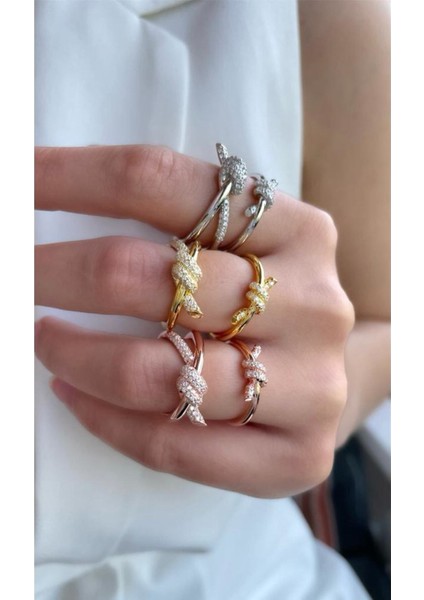 Özel Tasarım Gold Taşlı Tiffany Model Düğüm Yüzük Yüksek Kalite Üretim 925 Ayar Gümüş modelleri