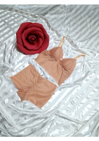 Bordo Büstiyer Boxer Iç Çamaşır Takımı Dantel Desenli Light Pad Telsiz Yumuşak Pedli
