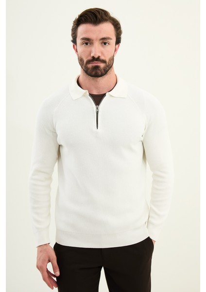 Dokulu Slim Fit Fermuarlı Polo Yaka Erkek Triko Kazak