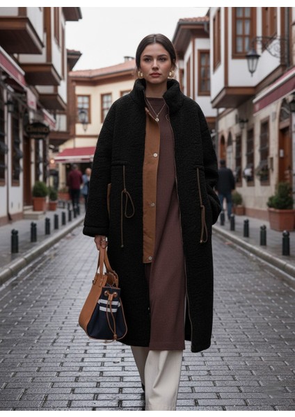 Beli Bağcıklı Kadın Fermuarlı Peluş Ceket