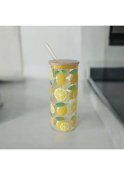 Bambu Kapaklı Cam Pipetli Kupa 650 ml | M1