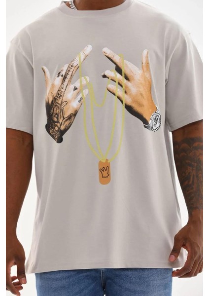 Unisex Baskılı Oversize T-Shirt - Gri