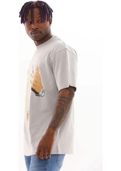 Unisex Baskılı Oversize T-Shirt - Gri