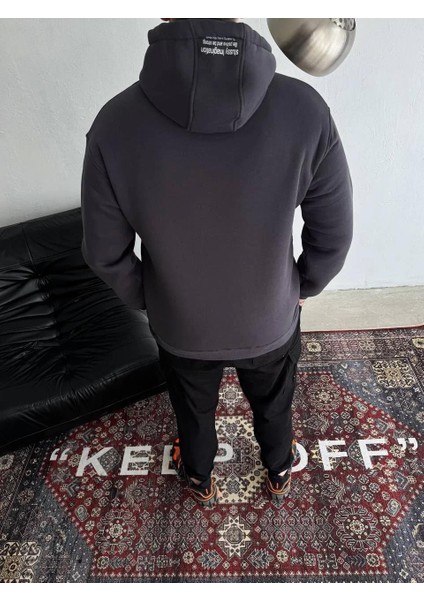 Üç Iplik Kapşonlu Baskılı Sweatshirt - Füme modelleri