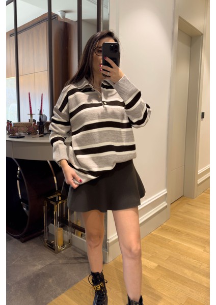 Triko Şeritli Kazak- Gri