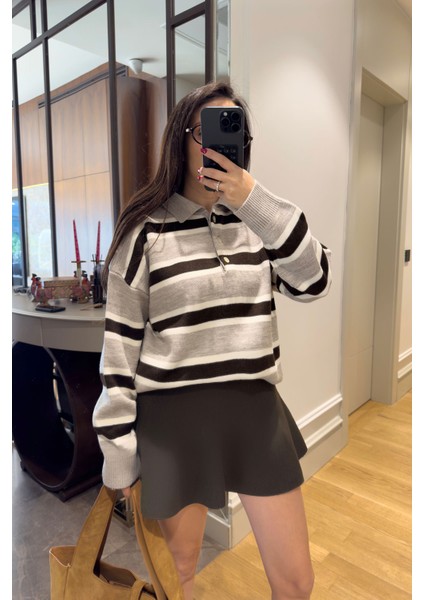 Triko Şeritli Kazak- Gri modelleri