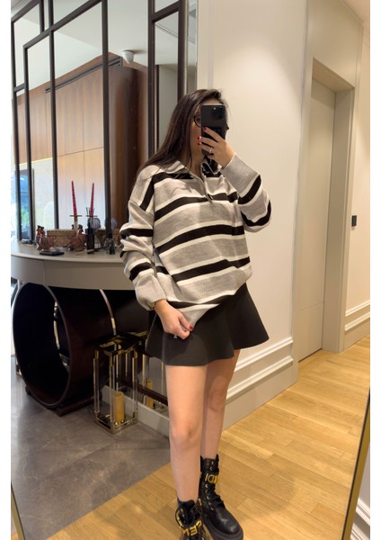 Triko Şeritli Kazak- Gri indirimleri