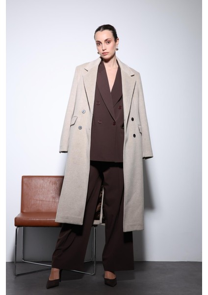 Bej Yün Karışımlı Kruvaze Kadın Kaban