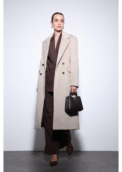 Bej Yün Karışımlı Kruvaze Kadın Kaban modelleri