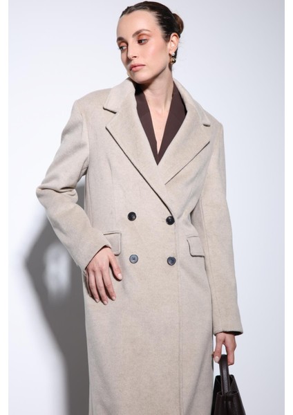 Bej Yün Karışımlı Kruvaze Kadın Kaban