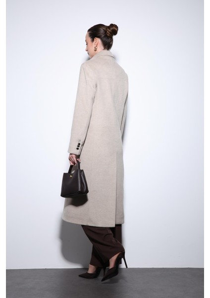 Bej Yün Karışımlı Kruvaze Kadın Kaban