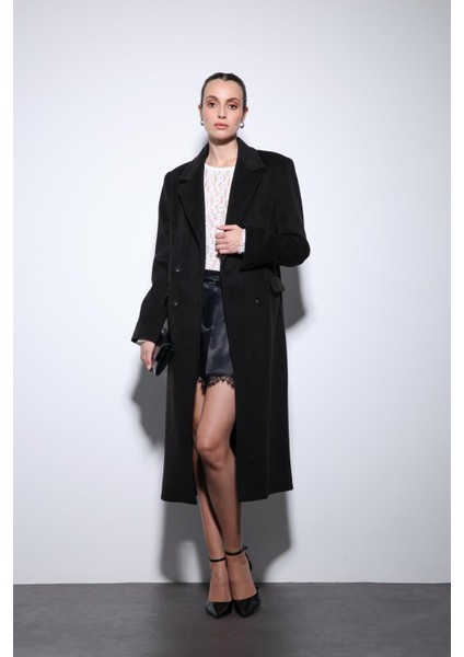 Siyah Yün Karışımlı Kruvaze Kadın Kaban fiyatları