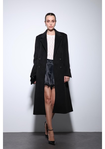 Siyah Yün Karışımlı Kruvaze Kadın Kaban indirimleri