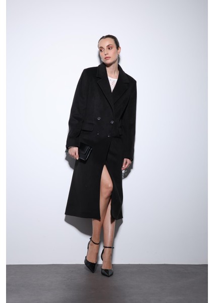 Siyah Yün Karışımlı Kruvaze Kadın Kaban