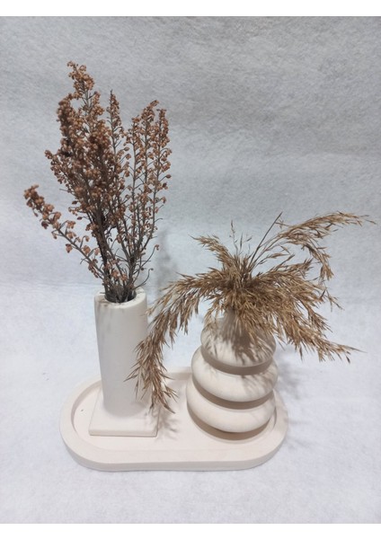 Dekoratif 3 Parça Tabaklı Vazo Set Beyaz