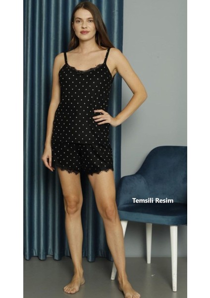 Kadın Siyah Puantiye Desenli Büstiyerli Dantel Detaylı Şortlu Pijama Takım