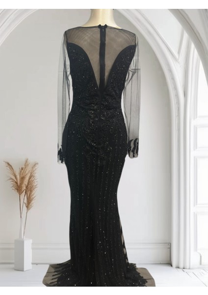 Özel Gün Nişan Söz Balo Taşlı Simli Payetli Tül Detay Özel Tasarım Balık Uzun Abiye Siyah fırsatları