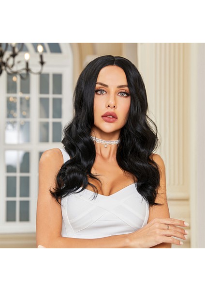 Siyah Geniş Dalgalı Fiber Sentetik Tül Peruk