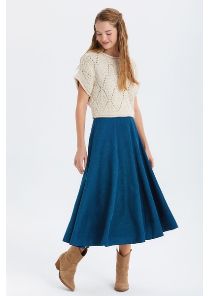 Süet A Kesim Midi Etek Mavi