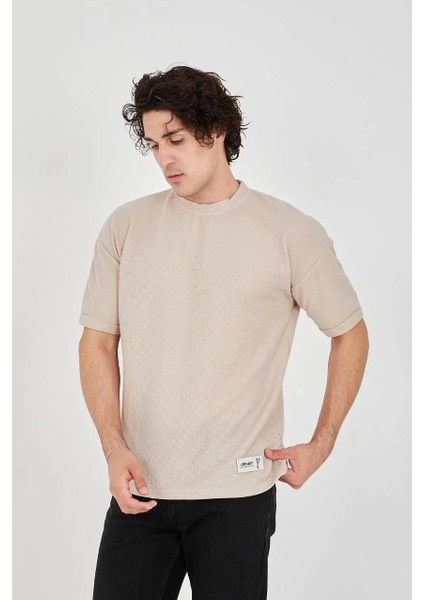Unisex Waffle Kumaş Rahat Kol T-Shirt - Bej fiyatları