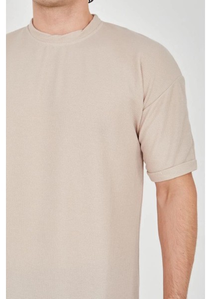 Unisex Waffle Kumaş Rahat Kol T-Shirt - Bej modelleri