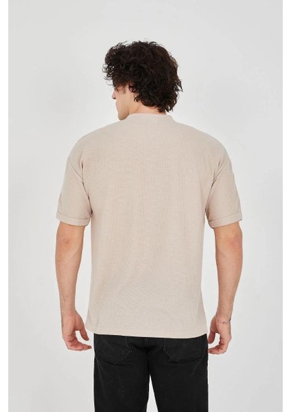 Unisex Waffle Kumaş Rahat Kol T-Shirt - Bej fırsatları